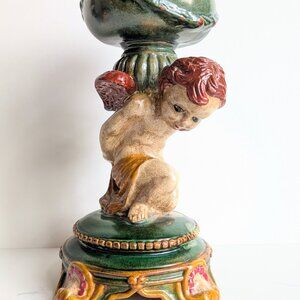Minton Style Majolica Centerpiece with Cherub Pedestal Compote 12.2"